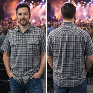 Duluth Trading Co Mens Medium Plaid Short Sleeve Button Down Shirt Grey Teal